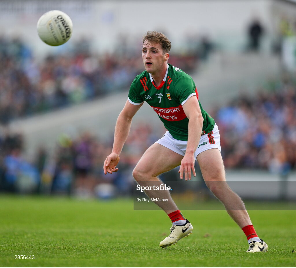 16 June 2024; Eoghan McLaughlin of Mayo during the GAA Football All-Ireland Senior Championship Round 3 match between Dublin and Mayo at Dr Hyde Park in Roscommon. Photo by Ray McManus/Sportsfile