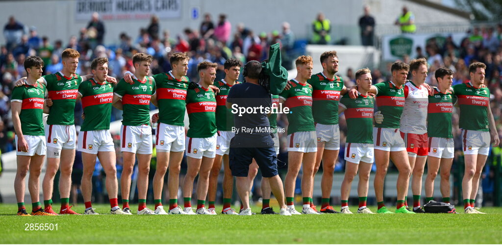 16 June 2024; A broadcast camera person zooms in on the Mato players before the GAA Football All-Ireland Senior Championship Round 3 match between Dublin and Mayo at Dr Hyde Park in Roscommon. Photo by Ray McManus/Sportsfile