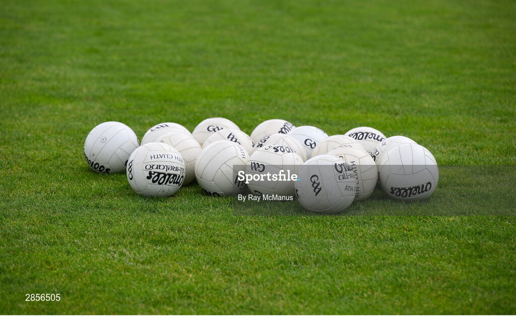 16 June 2024; Footballs, the property of the Dublin County Board, on the pitch before the GAA Football All-Ireland Senior Championship Round 3 match between Dublin and Mayo at Dr Hyde Park in Roscommon. Photo by Ray McManus/Sportsfile