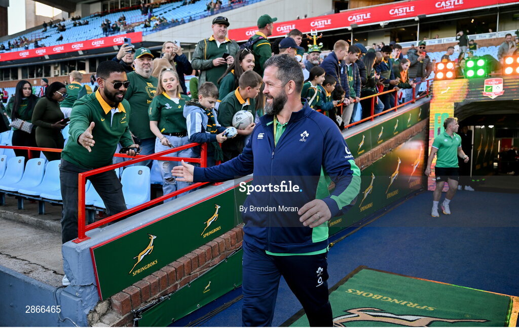6 July 2024; Ireland head coach Andy Farrell high fives supporters before the first test between South Africa and Ireland at Loftus Versfeld Stadium in Pretoria, South Africa. Photo by Brendan Moran/Sportsfile