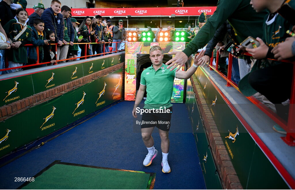 6 July 2024; Craig Casey of Ireland high fives supporters before the first test between South Africa and Ireland at Loftus Versfeld Stadium in Pretoria, South Africa. Photo by Brendan Moran/Sportsfile