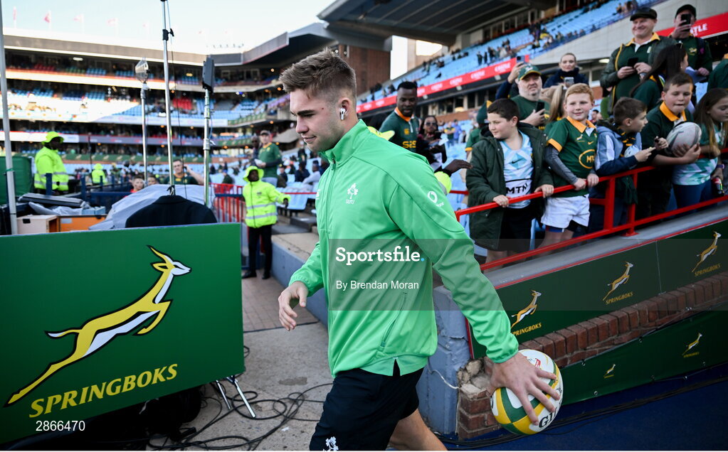 6 July 2024; Jack Crowley of Ireland walks the pitch before the first test between South Africa and Ireland at Loftus Versfeld Stadium in Pretoria, South Africa. Photo by Brendan Moran/Sportsfile