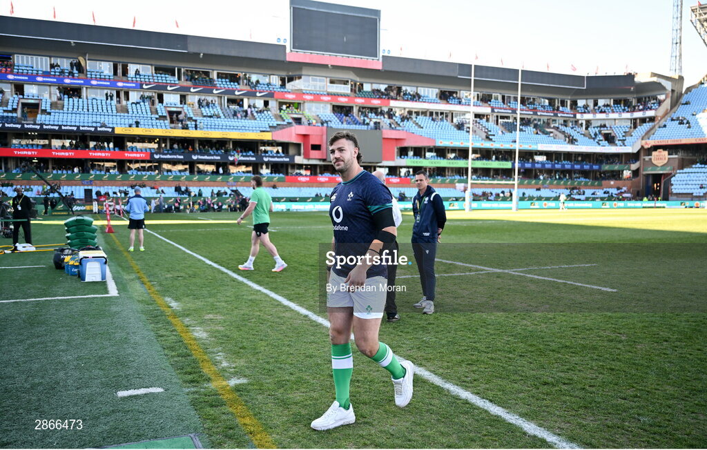 6 July 2024; Caelan Doris of Ireland walks the pitch before the first test between South Africa and Ireland at Loftus Versfeld Stadium in Pretoria, South Africa. Photo by Brendan Moran/Sportsfile
