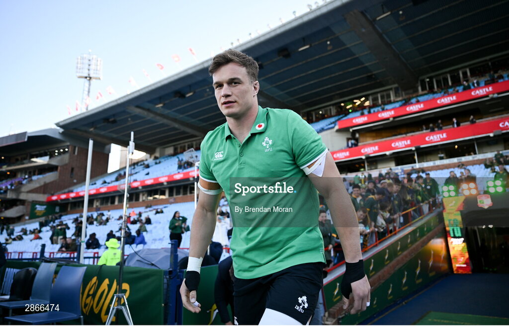 6 July 2024; Josh van der Flier of Ireland walks the pitch before the first test between South Africa and Ireland at Loftus Versfeld Stadium in Pretoria, South Africa. Photo by Brendan Moran/Sportsfile