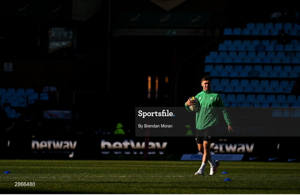 6 July 2024; Jack Crowley of Ireland walks the pitch before the first test between South Africa and Ireland at Loftus Versfeld Stadium in Pretoria, South Africa. Photo by Brendan Moran/Sportsfile