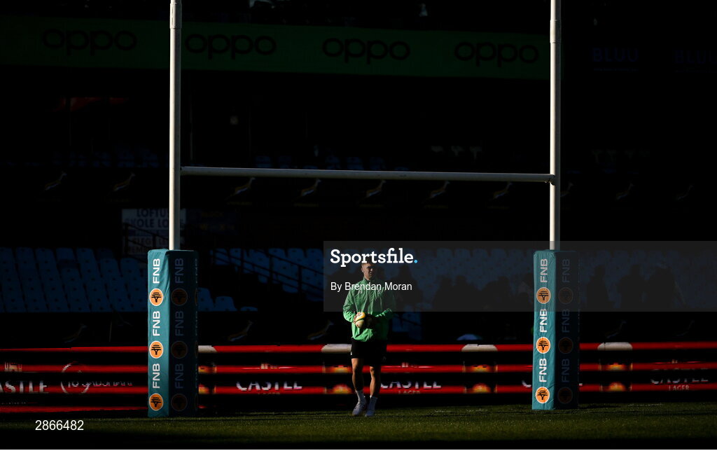 6 July 2024; Jack Crowley of Ireland walks the pitch before the first test between South Africa and Ireland at Loftus Versfeld Stadium in Pretoria, South Africa. Photo by Brendan Moran/Sportsfile