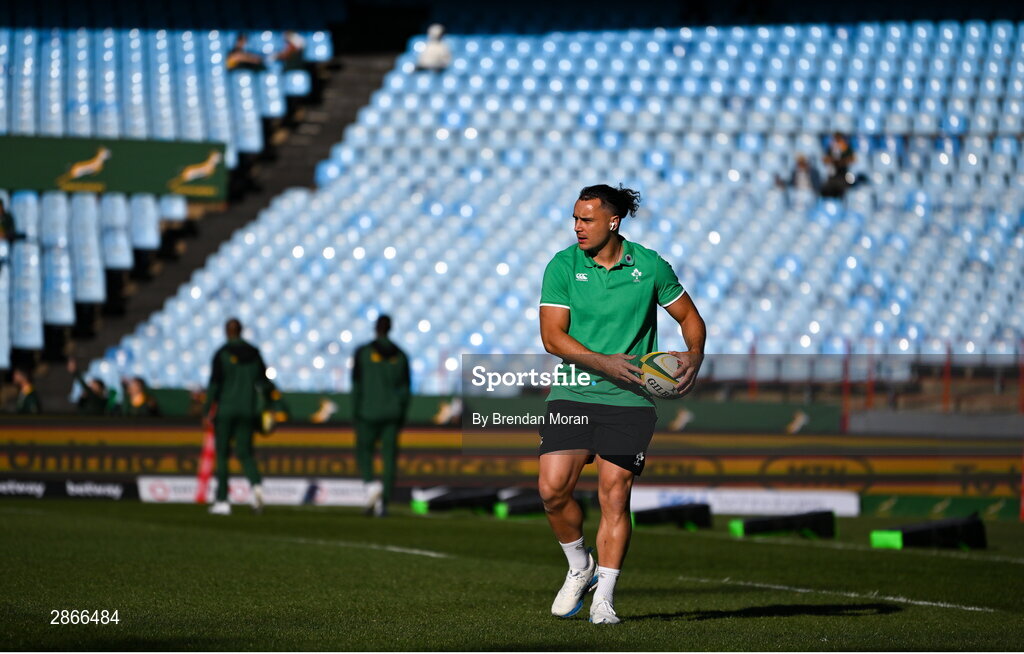 6 July 2024; James Lowe of Ireland walks the pitch before the first test between South Africa and Ireland at Loftus Versfeld Stadium in Pretoria, South Africa. Photo by Brendan Moran/Sportsfile