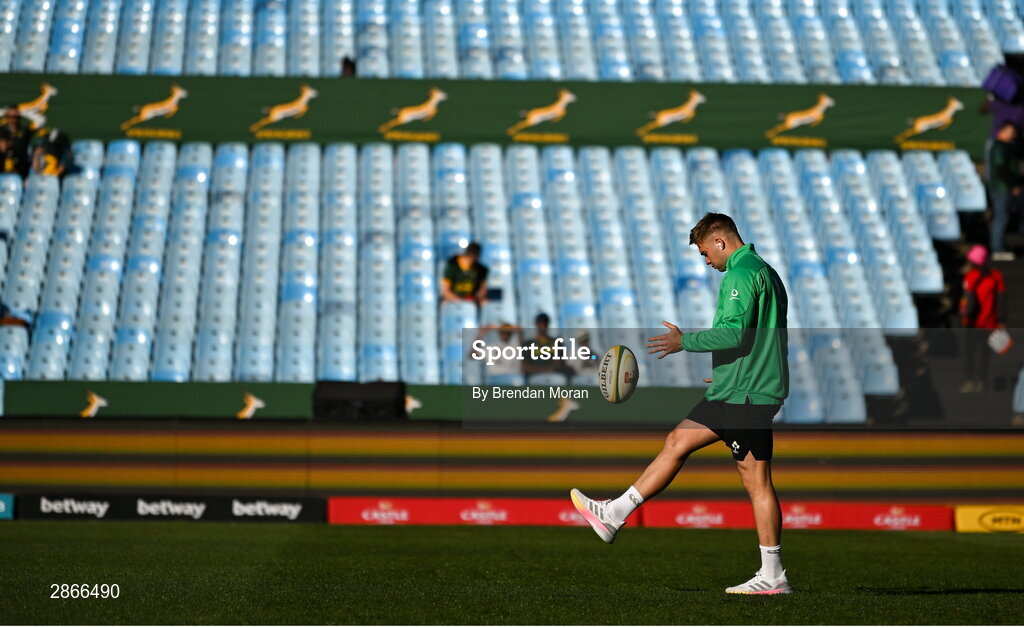 6 July 2024; Jack Crowley of Ireland walks the pitch before the first test between South Africa and Ireland at Loftus Versfeld Stadium in Pretoria, South Africa. Photo by Brendan Moran/Sportsfile