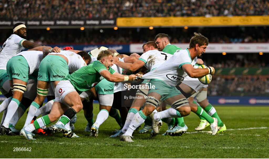 6 July 2024; Kwagga Smith of South Africa is tackled by Craig Casey of Ireland during the first test between South Africa and Ireland at Loftus Versfeld Stadium in Pretoria, South Africa. Photo by Brendan Moran/Sportsfile