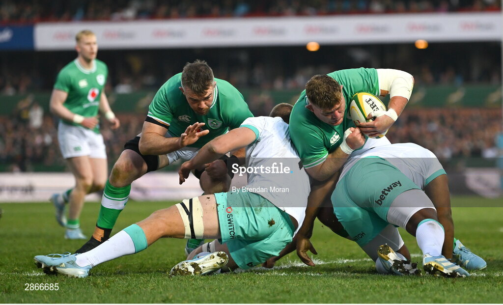 6 July 2024; Tadhg Furlong of Ireland is chopped by the South African defence during the first test between South Africa and Ireland at Loftus Versfeld Stadium in Pretoria, South Africa. Photo by Brendan Moran/Sportsfile