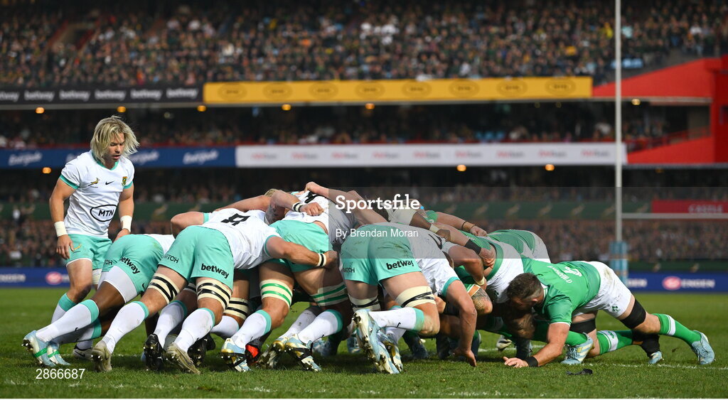 6 July 2024; A general view of a scrum during the first test between South Africa and Ireland at Loftus Versfeld Stadium in Pretoria, South Africa. Photo by Brendan Moran/Sportsfile