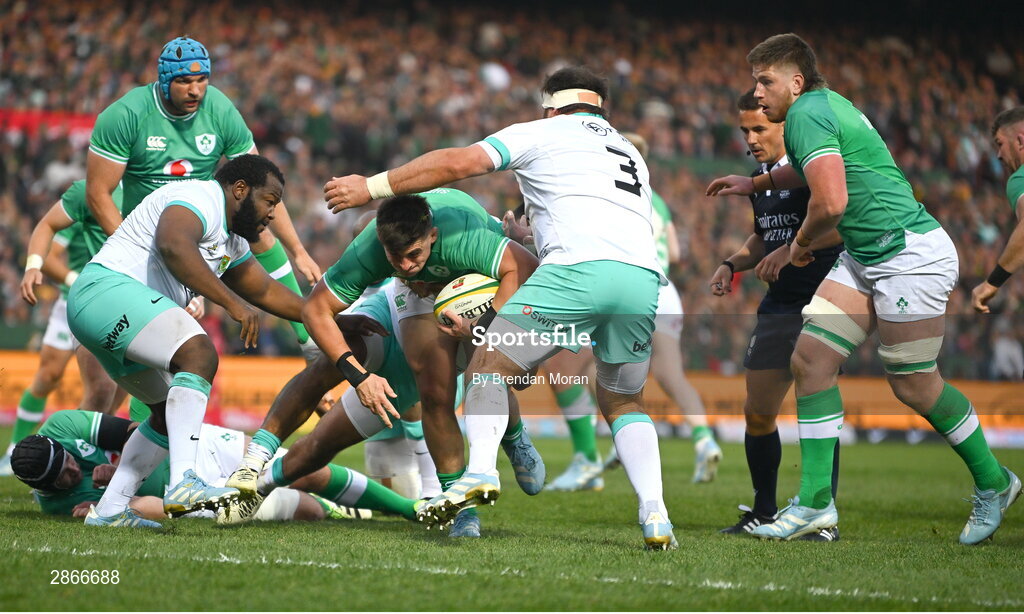 6 July 2024; Dan Sheehan of Ireland is tackled by Ox Nche and Frans Malherbe of South Africa during the first test between South Africa and Ireland at Loftus Versfeld Stadium in Pretoria, South Africa. Photo by Brendan Moran/Sportsfile