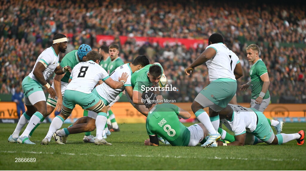 6 July 2024; Dan Sheehan of Ireland is tackled short of the try line during the first test between South Africa and Ireland at Loftus Versfeld Stadium in Pretoria, South Africa. Photo by Brendan Moran/Sportsfile