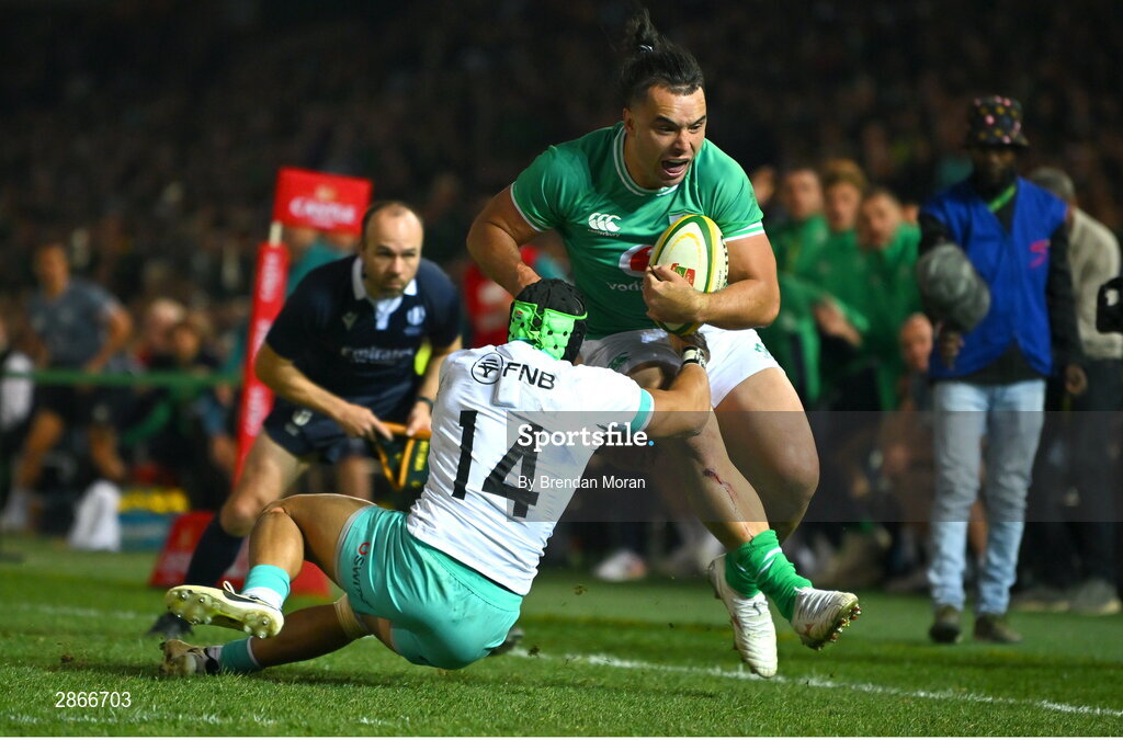 6 July 2024; James Lowe of Ireland is tackled by Cheslin Kolbe of South Africa during the first test between South Africa and Ireland at Loftus Versfeld Stadium in Pretoria, South Africa. Photo by Brendan Moran/Sportsfile