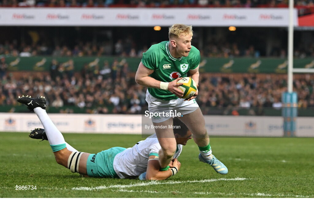 6 July 2024; Jamie Osborne of Ireland is tackled by Kwagga Smith of South Africa during the first test between South Africa and Ireland at Loftus Versfeld Stadium in Pretoria, South Africa. Photo by Brendan Moran/Sportsfile