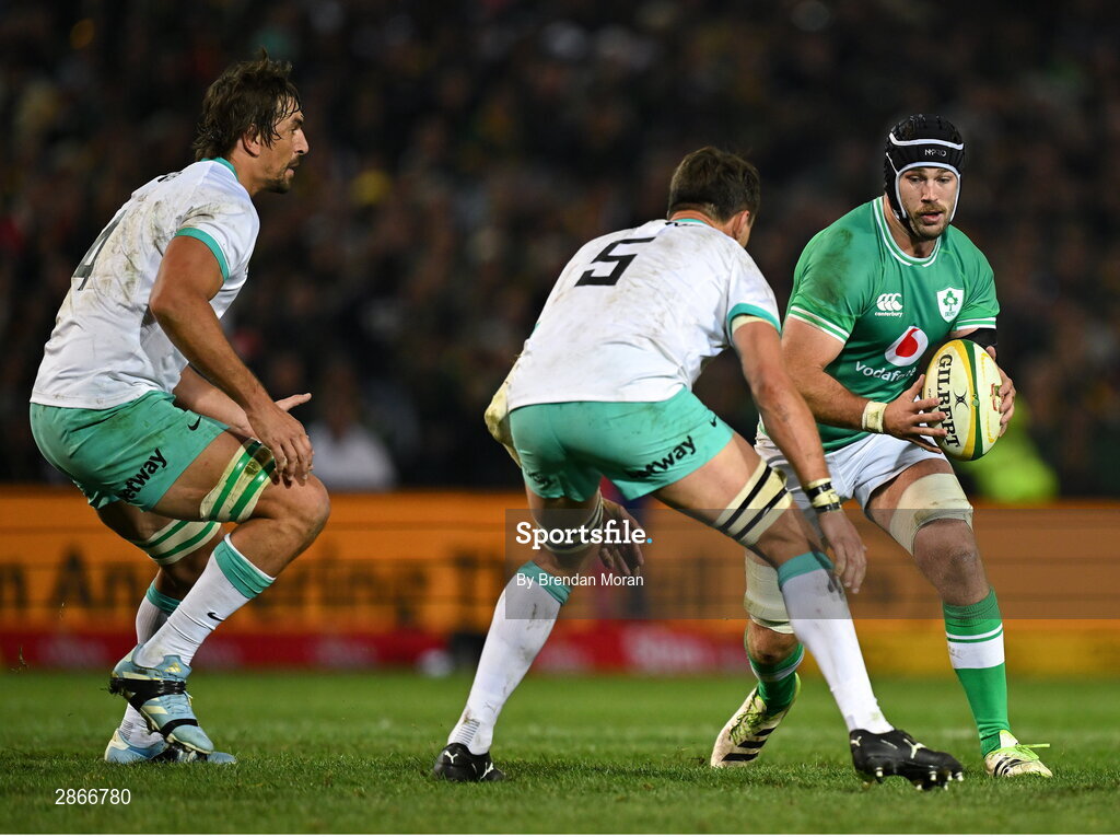 6 July 2024; Caelan Doris of Ireland in action against Eben Etzebeth and Franco Mostert of South Africa during the first test between South Africa and Ireland at Loftus Versfeld Stadium in Pretoria, South Africa. Photo by Brendan Moran/Sportsfile