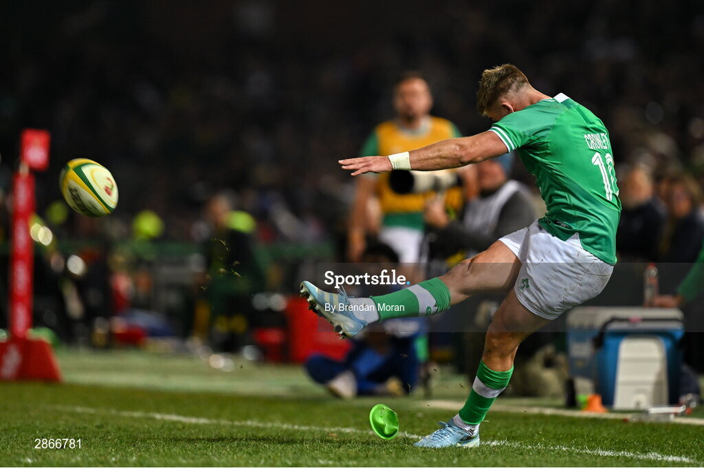 6 July 2024; Jack Crowley of Ireland kicks a conversion during the first test between South Africa and Ireland at Loftus Versfeld Stadium in Pretoria, South Africa. Photo by Brendan Moran/Sportsfile