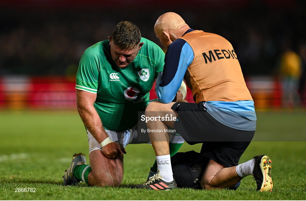 6 July 2024; Tadhg Furlong of Ireland receives medical attention from team doctor Jim McShane during the first test between South Africa and Ireland at Loftus Versfeld Stadium in Pretoria, South Africa. Photo by Brendan Moran/Sportsfile