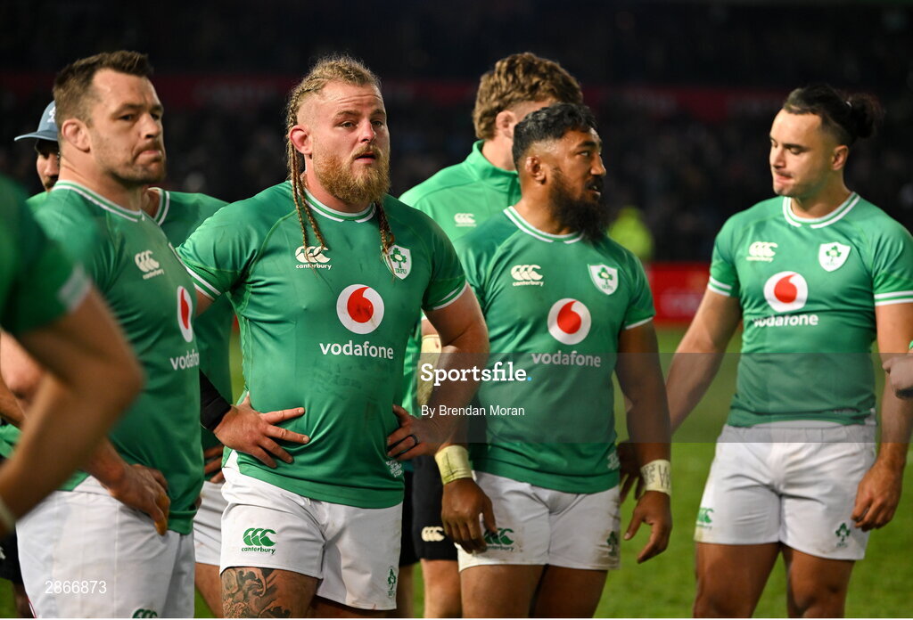 6 July 2024; Ireland players, from left, Cian Healy, Finlay Bealham, Bundee Aki and James Lowe after the first test between South Africa and Ireland at Loftus Versfeld Stadium in Pretoria, South Africa. Photo by Brendan Moran/Sportsfile