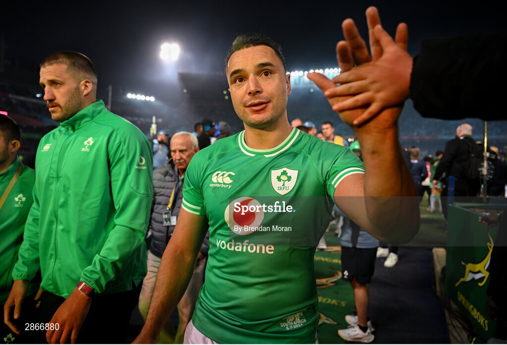 6 July 2024; James Lowe of Ireland high fives a supporter after the first test between South Africa and Ireland at Loftus Versfeld Stadium in Pretoria, South Africa. Photo by Brendan Moran/Sportsfile