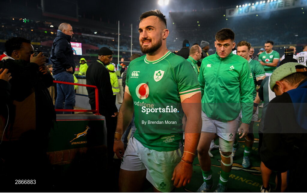 6 July 2024; Rónan Kelleher, centre, and Dan Sheehan of Ireland leaves the pitch after the first test between South Africa and Ireland at Loftus Versfeld Stadium in Pretoria, South Africa. Photo by Brendan Moran/Sportsfile