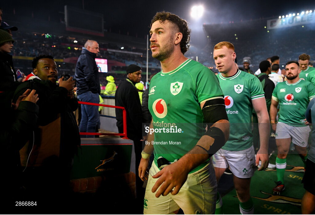 6 July 2024; Caelan Doris and Ciarán Frawley of Ireland leaves the pitch after the first test between South Africa and Ireland at Loftus Versfeld Stadium in Pretoria, South Africa. Photo by Brendan Moran/Sportsfile