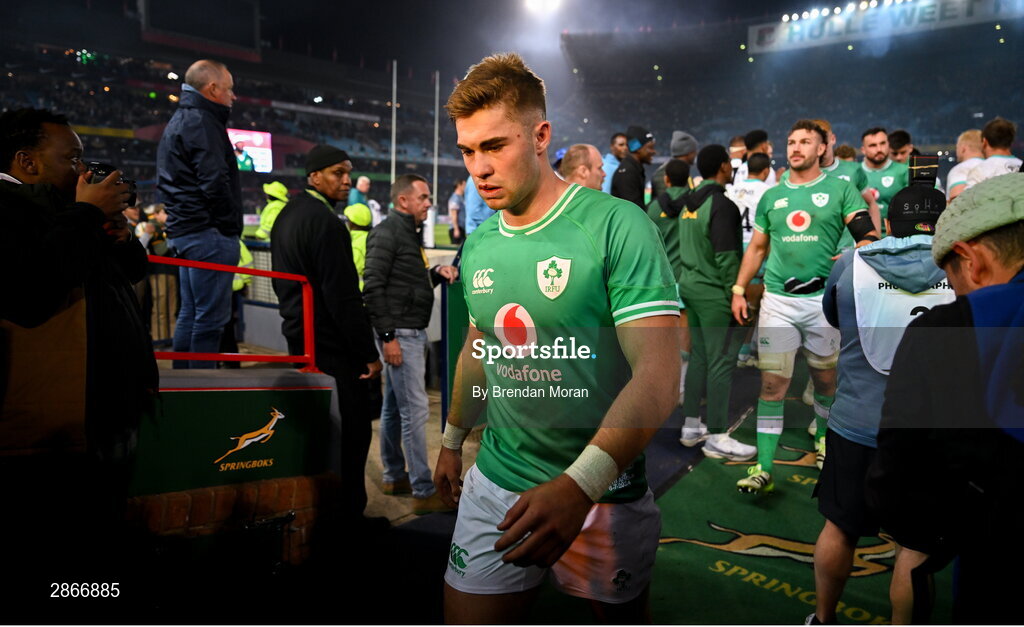 6 July 2024; Jack Crowley of Ireland leaves the pitch after the first test between South Africa and Ireland at Loftus Versfeld Stadium in Pretoria, South Africa. Photo by Brendan Moran/Sportsfile