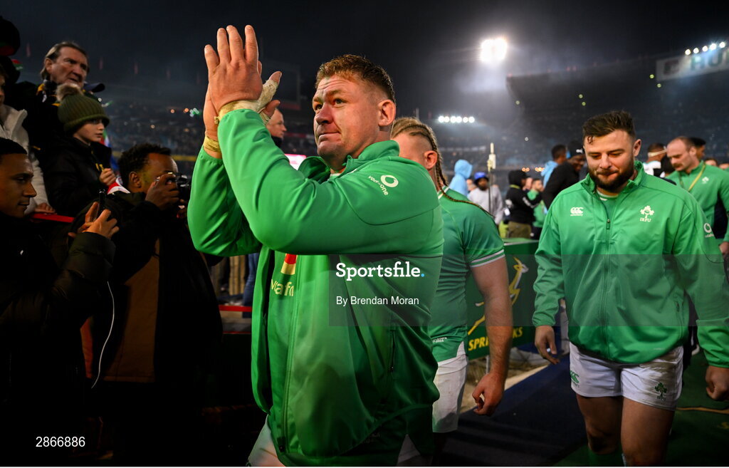 6 July 2024; Tadhg Furlong, left, and Robbie Henshaw of Ireland leave the pitch after the first test between South Africa and Ireland at Loftus Versfeld Stadium in Pretoria, South Africa. Photo by Brendan Moran/Sportsfile