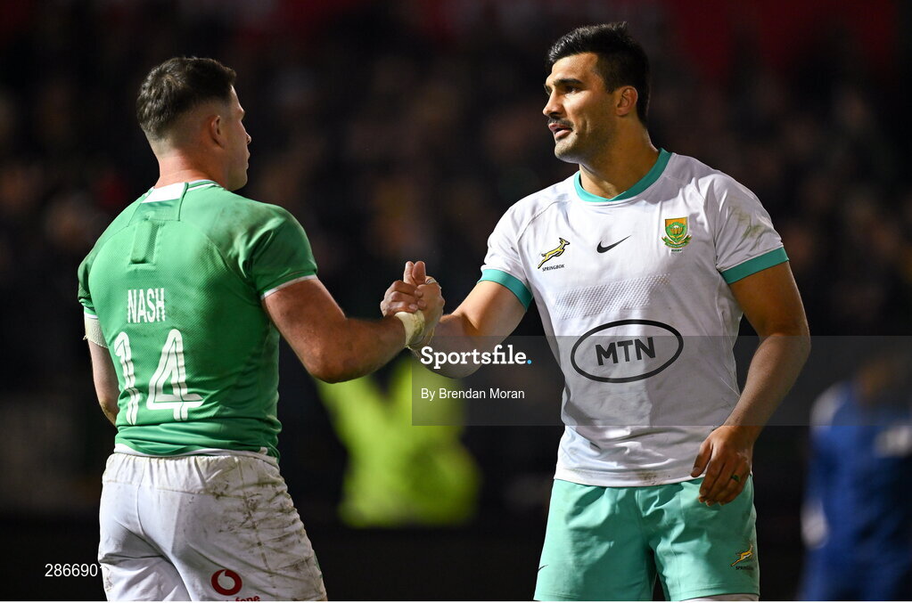 6 July 2024; Damian de Allende of South Africa, right, shakes hands with Calvin Nash of Ireland after the first test between South Africa and Ireland at Loftus Versfeld Stadium in Pretoria, South Africa. Photo by Brendan Moran/Sportsfile