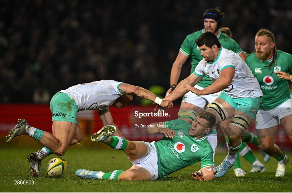6 July 2024; Garry Ringrose of Ireland loses possession in a tackle with Jesse Kriel of South Africa during the first test between South Africa and Ireland at Loftus Versfeld Stadium in Pretoria, South Africa. Photo by Brendan Moran/Sportsfile
