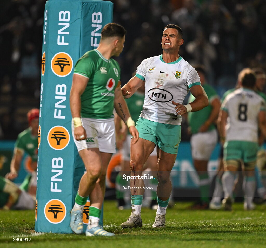 6 July 2024; Jesse Kriel of South Africa celebrates after his side scored a late try during the first test between South Africa and Ireland at Loftus Versfeld Stadium in Pretoria, South Africa. Photo by Brendan Moran/Sportsfile
