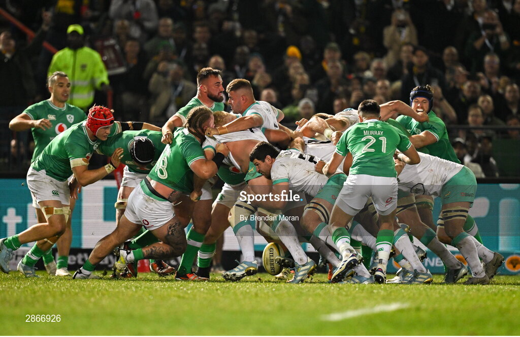 6 July 2024; The South African pack maul their way over the line to score a penalty try during the first test between South Africa and Ireland at Loftus Versfeld Stadium in Pretoria, South Africa. Photo by Brendan Moran/Sportsfile