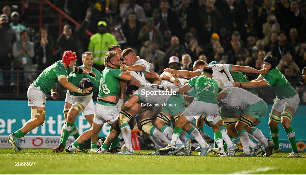6 July 2024; The South African pack maul their way over the line to score a penalty try during the first test between South Africa and Ireland at Loftus Versfeld Stadium in Pretoria, South Africa. Photo by Brendan Moran/Sportsfile