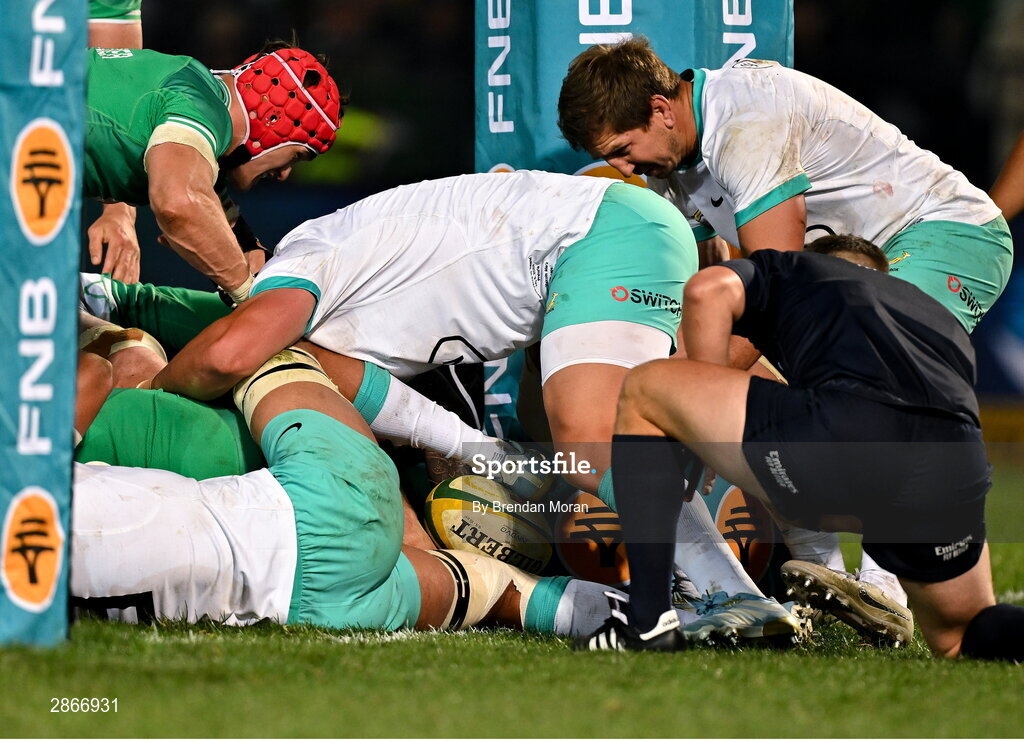 6 July 2024; Ireland have the ball held up on the South African try line during the first test between South Africa and Ireland at Loftus Versfeld Stadium in Pretoria, South Africa. Photo by Brendan Moran/Sportsfile