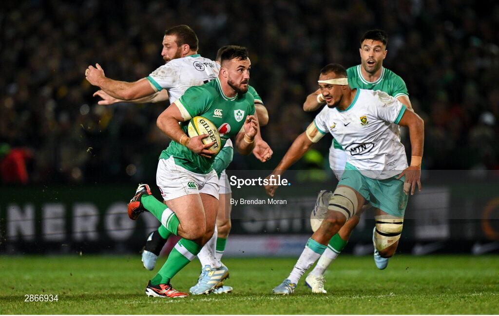 6 July 2024; Rónan Kelleher of Ireland makes a break in the lead up to his side's second try during the first test between South Africa and Ireland at Loftus Versfeld Stadium in Pretoria, South Africa. Photo by Brendan Moran/Sportsfile