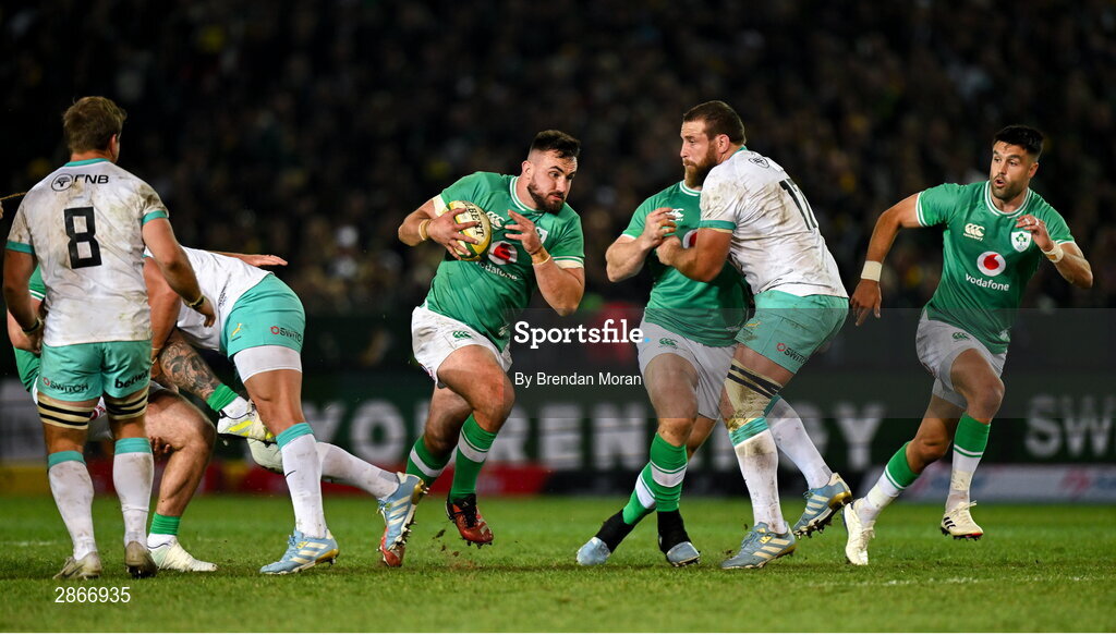 6 July 2024; Rónan Kelleher of Ireland makes a break in the lead up to his side's second try during the first test between South Africa and Ireland at Loftus Versfeld Stadium in Pretoria, South Africa. Photo by Brendan Moran/Sportsfile