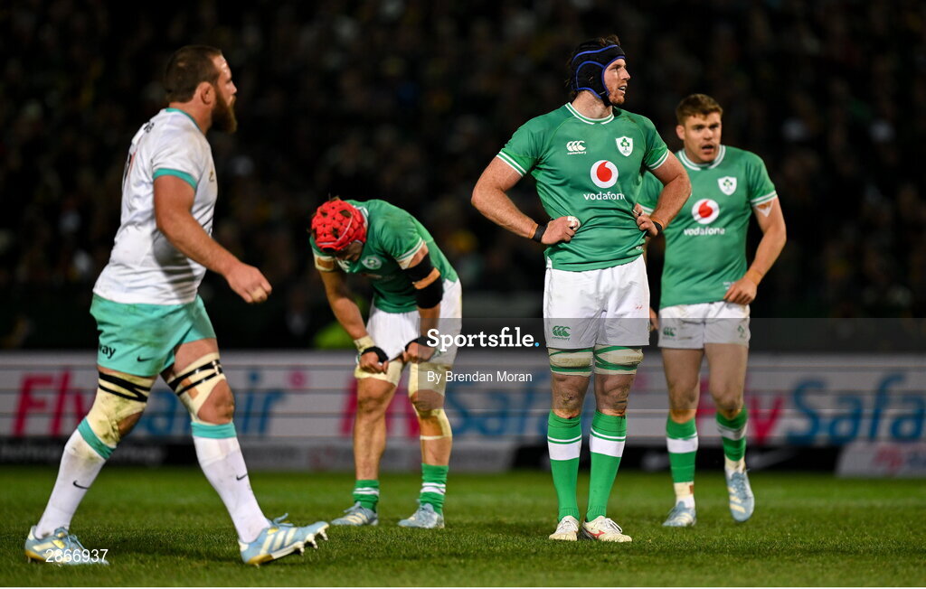 6 July 2024; Ireland players, Josh van der Flier, Ryan Baird, centre, and Garry Ringrose during the first test between South Africa and Ireland at Loftus Versfeld Stadium in Pretoria, South Africa. Photo by Brendan Moran/Sportsfile