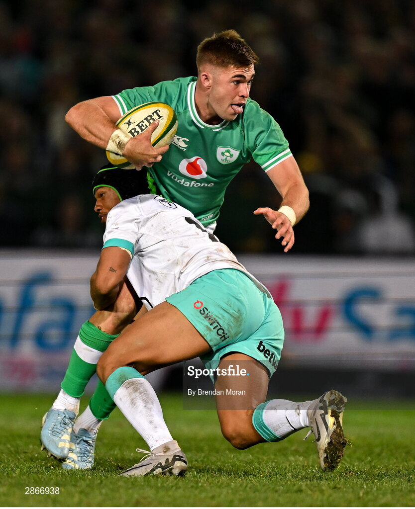 6 July 2024; Jack Crowley of Ireland is tackled by Kurt-Lee Arendse of South Africa during the first test between South Africa and Ireland at Loftus Versfeld Stadium in Pretoria, South Africa. Photo by Brendan Moran/Sportsfile
