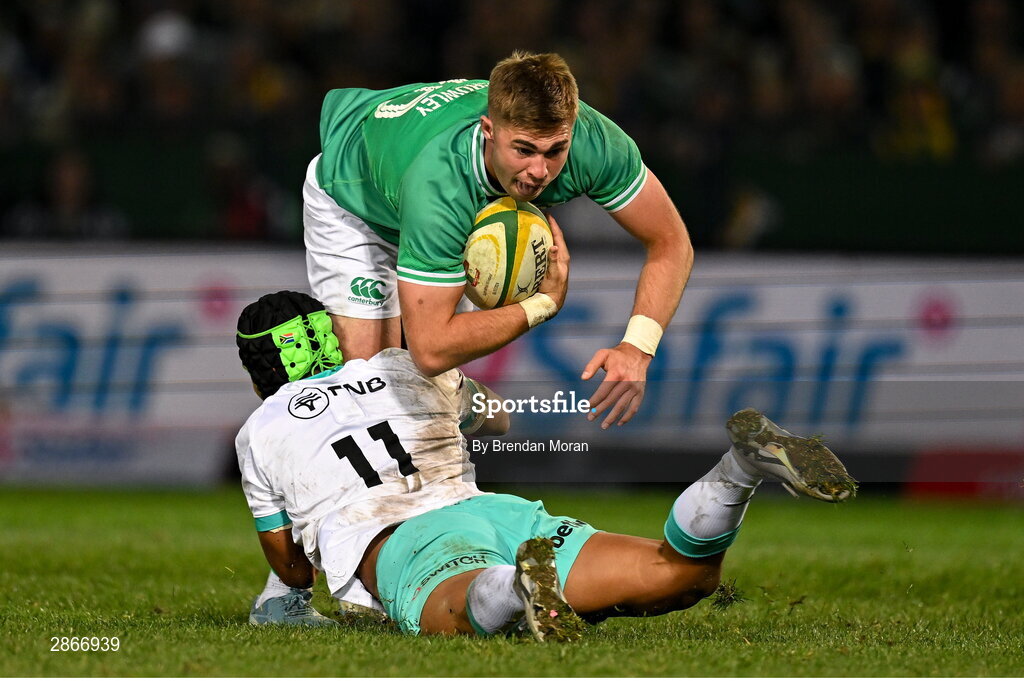 6 July 2024; Jack Crowley of Ireland is tackled by Kurt-Lee Arendse of South Africa during the first test between South Africa and Ireland at Loftus Versfeld Stadium in Pretoria, South Africa. Photo by Brendan Moran/Sportsfile