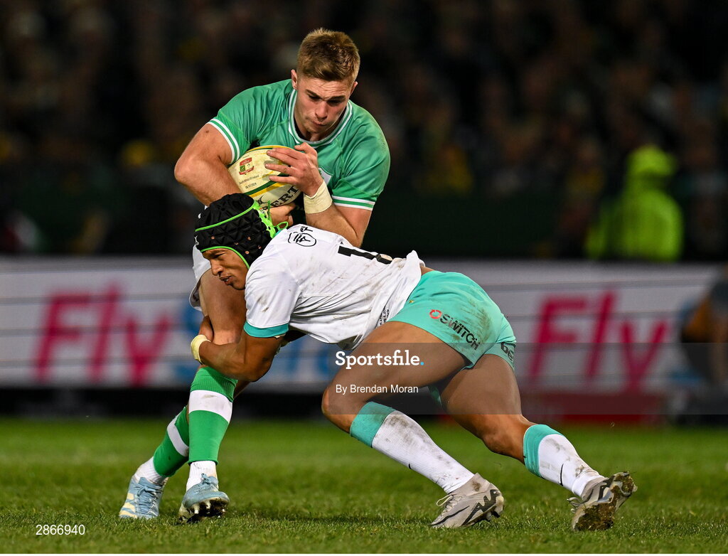 6 July 2024; Jack Crowley of Ireland is tackled by Kurt-Lee Arendse of South Africa during the first test between South Africa and Ireland at Loftus Versfeld Stadium in Pretoria, South Africa. Photo by Brendan Moran/Sportsfile