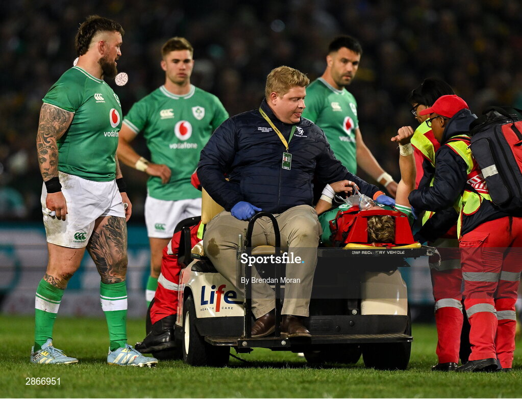 6 July 2024; Craig Casey of Ireland acknowledges the crowd as he is stretchered off with an injury during the first test between South Africa and Ireland at Loftus Versfeld Stadium in Pretoria, South Africa. Photo by Brendan Moran/Sportsfile