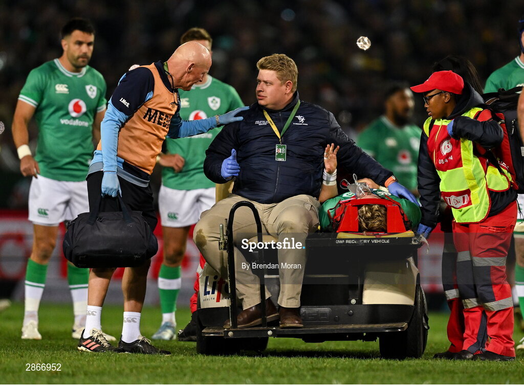 6 July 2024; Craig Casey of Ireland is stretchered off with an injury during the first test between South Africa and Ireland at Loftus Versfeld Stadium in Pretoria, South Africa. Photo by Brendan Moran/Sportsfile