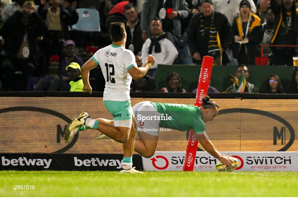 6 July 2024; James Lowe of Ireland scores a try, which was subsequently disallowed by the TMO, during the first test between South Africa and Ireland at Loftus Versfeld Stadium in Pretoria, South Africa. Photo by Brendan Moran/Sportsfile
