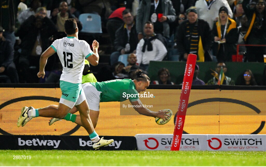 6 July 2024; James Lowe of Ireland scores a try, which was subsequently disallowed by the TMO, during the first test between South Africa and Ireland at Loftus Versfeld Stadium in Pretoria, South Africa. Photo by Brendan Moran/Sportsfile