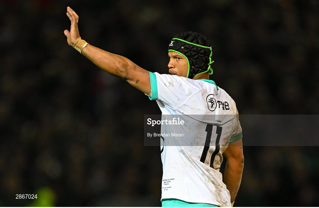 6 July 2024; Kurt-Lee Arendse of South Africa during the first test between South Africa and Ireland at Loftus Versfeld Stadium in Pretoria, South Africa. Photo by Brendan Moran/Sportsfile