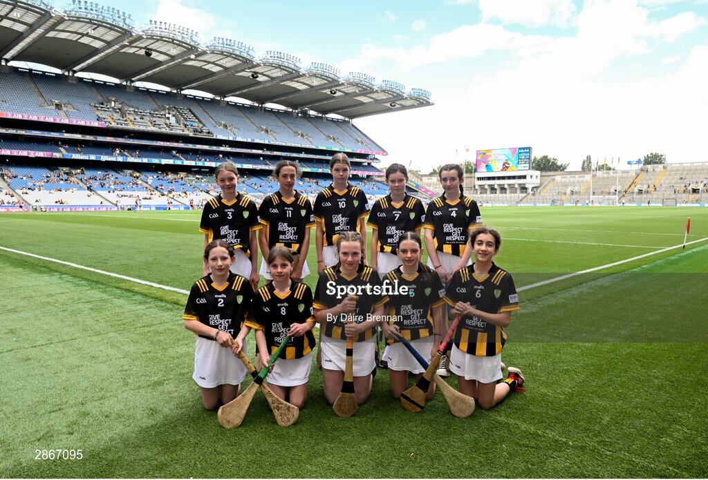 6 July 2024; The Kilkenny team, back row, left to right, Lily Comerford, Mary Help of Christian's GNS, Dublin, Caitlin Griffith, Screen NS, Enniscorthy, Wexford, Annabelle Bray, St Mary's NS, Raharney, Westmeath, Eva Hamilton, Bunscoil Bóthar na Naomh, Port Láirge, Mary Jane Rafferty, Scoil Naomh Feichín, Droichead Átha, Lú, front row, left to right, Caoimhe Ní Chearbhaill, Scoil Lorcáin, Áth Cliath, Faye O'Connell, Rathnure NS, Rathnure, Wexford, Laura Tansey, Scoil Mhuire, An Muileann gCearr, An Iarmhí, Mia Minchin, Ballinkillen NS, Bagnalstown, Carlow, Liliane Picovici, Ballinabranna NS, Ballinabranna, Carlow, ahead of the GAA INTO Cumann na mBunscol Respect Exhibition Go Games at the GAA Hurling All-Ireland Senior Championship semi-final match between Kilkenny and Clare at Croke Park in Dublin. Photo by Daire Brennan/Sportsfile