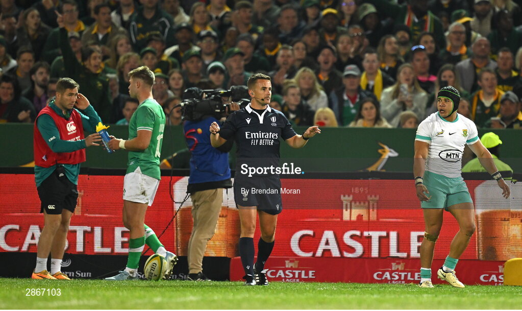 6 July 2024; Referee Luke Pearce calles for a MTO after James Lowe of Ireland score a try, which was subsequently disallowed, during the first test between South Africa and Ireland at Loftus Versfeld Stadium in Pretoria, South Africa. Photo by Brendan Moran/Sportsfile