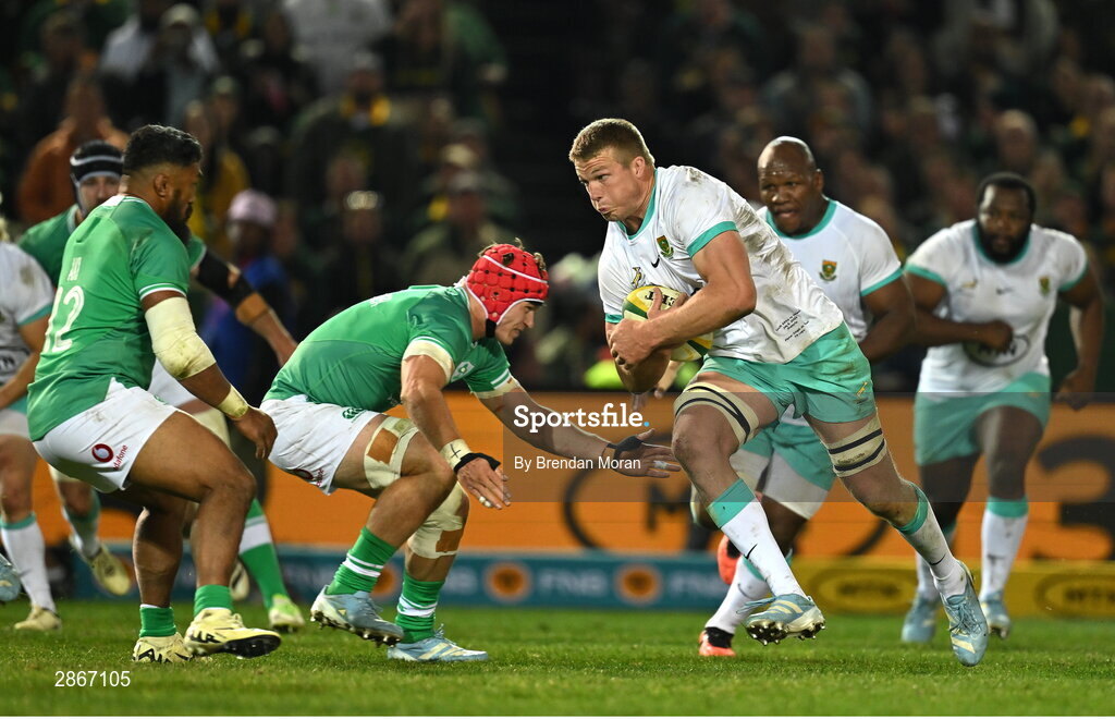 6 July 2024; Pieter-Steph du Toit of South Africa in action against Josh van der Flier of Ireland during the first test between South Africa and Ireland at Loftus Versfeld Stadium in Pretoria, South Africa. Photo by Brendan Moran/Sportsfile