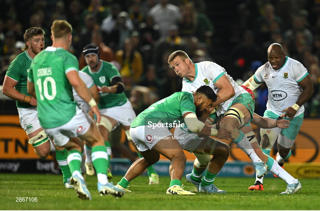 6 July 2024; Pieter-Steph du Toit of South Africa is tackled by Bundee Aki of Ireland during the first test between South Africa and Ireland at Loftus Versfeld Stadium in Pretoria, South Africa. Photo by Brendan Moran/Sportsfile