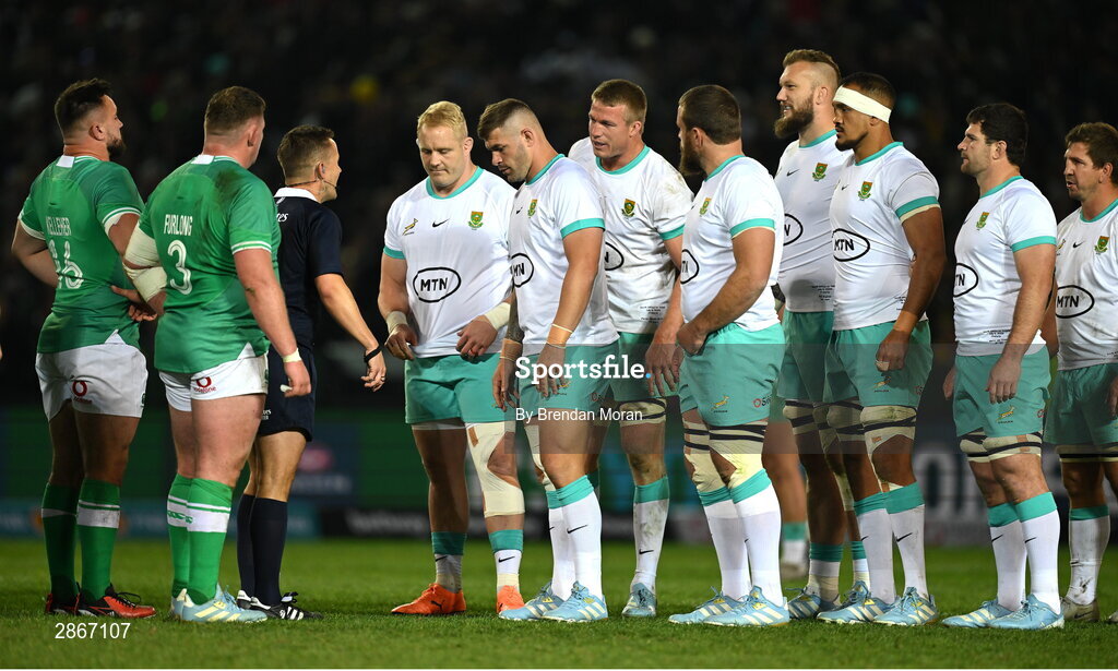 6 July 2024; The South African pack, aka the bomb squad, from left, Vincent Koch, Malcolm Marx, Pieter-Steph du Toit, Gerhard Steenekamp, RG Snyman, Salmaan Moerat, Marco van Staden and Kwagga Smith prepare to engage the Ireland pack in a scrum during the first test between South Africa and Ireland at Loftus Versfeld Stadium in Pretoria, South Africa. Photo by Brendan Moran/Sportsfile